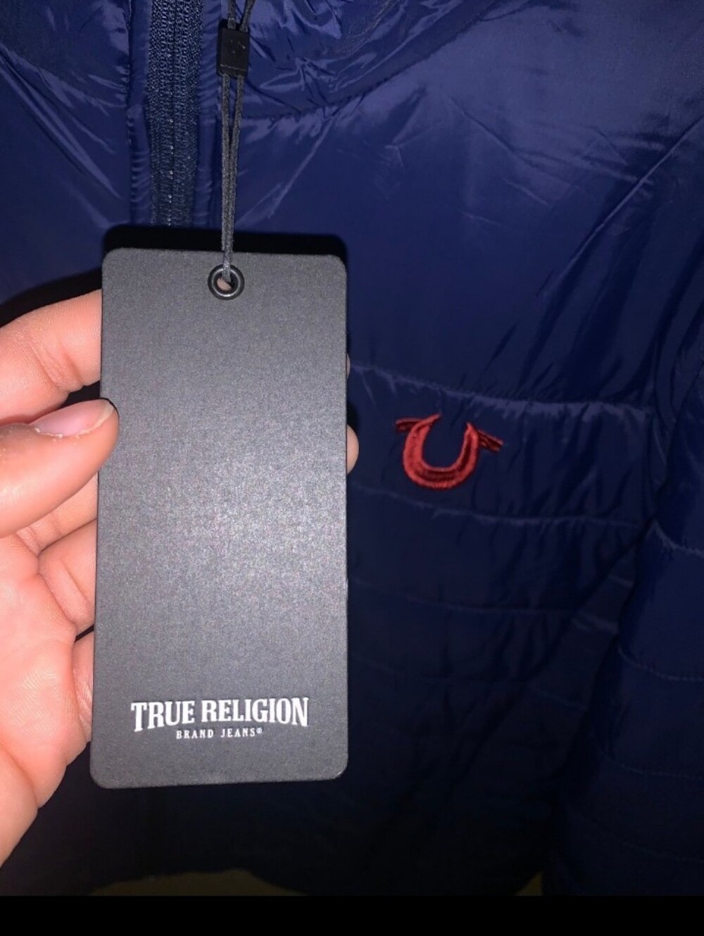 True Religion Navy Jacket with Red Horseshoe Embroidery